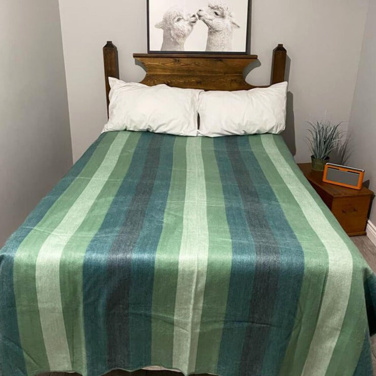 Elegant Cozy Green Blue Striped Alpaca Wool Blanket