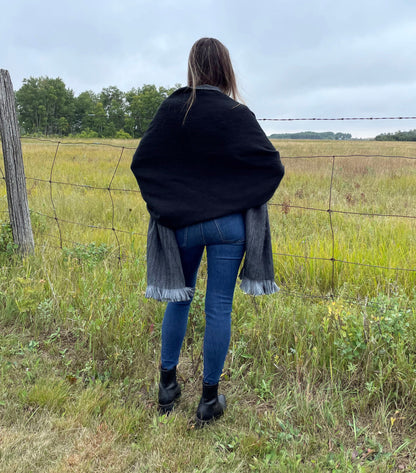 Elegant Classic Reversible Black And Grey Alpaca Wool Shawl