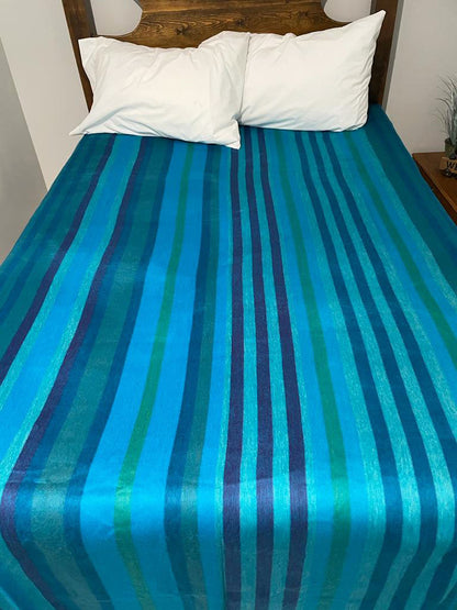 Boho Chic Luxury Blue Striped Alpaca Fiber Blanket