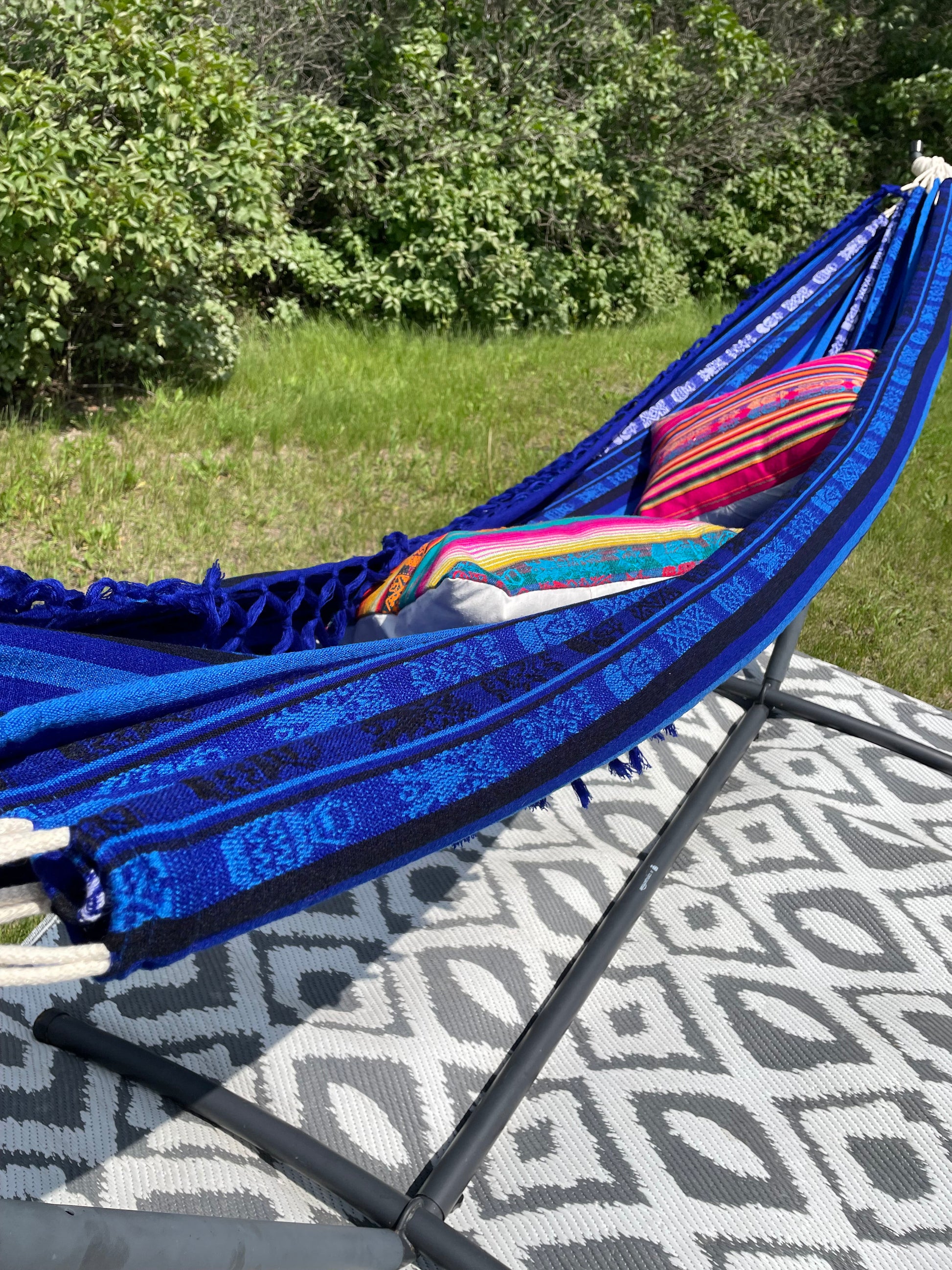 Bohemian Fringe Blue Tribal Deck Outdoor Hammock Relax Backyard