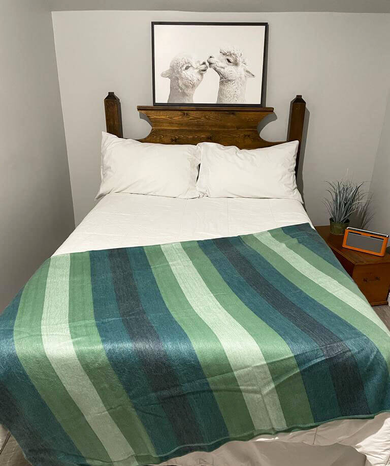 Elegant Cozy Green Blue Striped Alpaca Wool Blanket